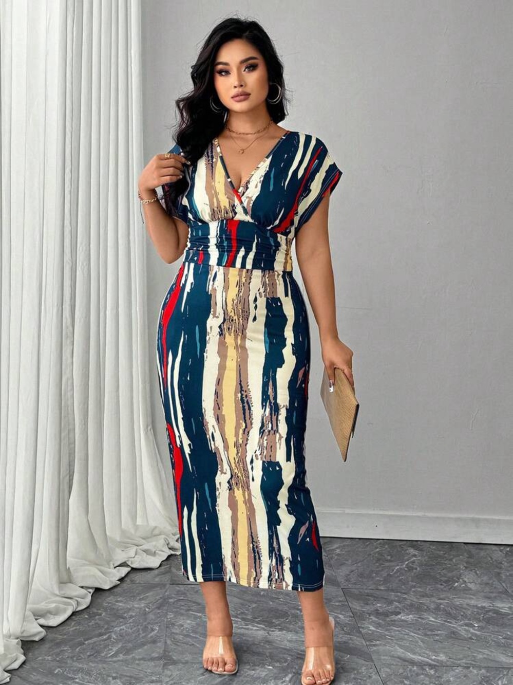 Abstract Stripe V-Neck Midi Dress in Navy, Cream & Red